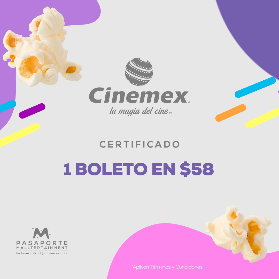 Certificado por 1 boleto de entrada al cine por $58 pesos