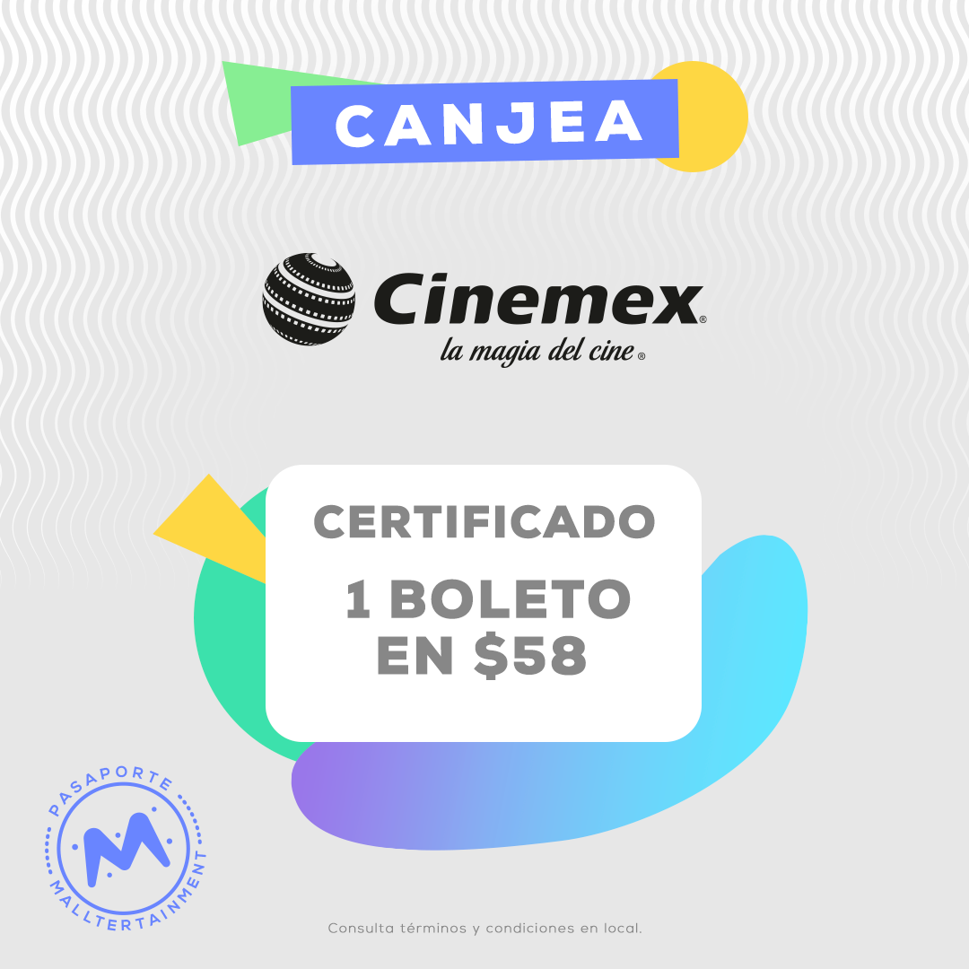 Certificado por 1 boleto de entrada al cine por $58 pesos